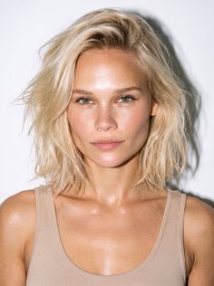 Woman with blonde hair and green eyes wearing a tan top, looking directly at the camera