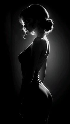 Woman in a dress with an updo, dramatically backlit in a dark setting