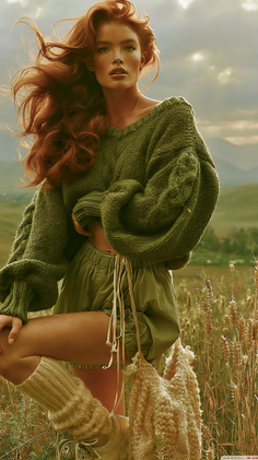 Woman with red hair and freckles in a green sweater and shorts in a wheat field