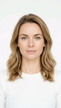 Woman with blonde hair and blue eyes in a white shirt, studio portrait