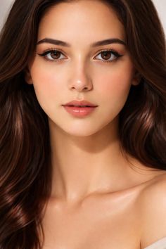Close-up portrait of a woman with long brown hair and exposed shoulders