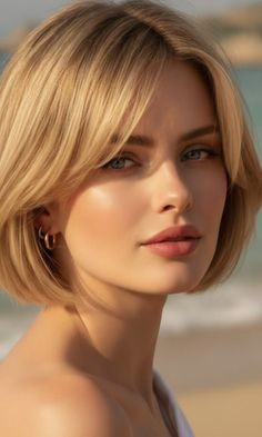 Woman with blonde hair and blue eyes on a beach at golden hour