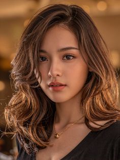 Woman with long wavy brown hair and a gold necklace looking at the camera