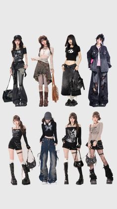Eight women in various dark-toned, gothic-style outfits with ripped clothing and platform boots