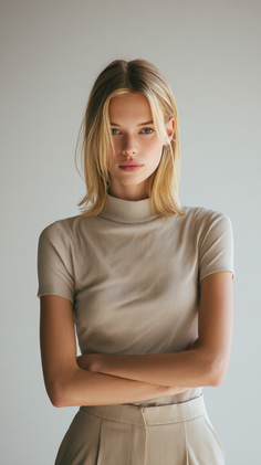 Woman with blonde hair wearing a beige turtleneck top and crossed arms