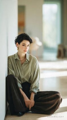 Woman with short hair wearing an oversized shirt and wide leg pants, sitting indoors
