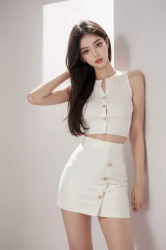 Woman in a white crop top and mini skirt posing indoors with soft lighting