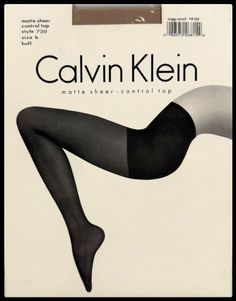 Calvin Klein tights packaging with a minimalist design showing legs in black hosiery