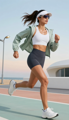 Woman in athletic wear running outdoors with a visor and sunglasses