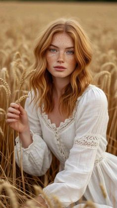 Woman with red hair and freckles in a white dress in a wheat field