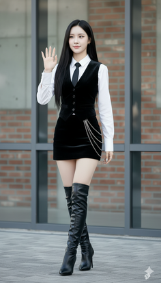 Woman in a black vest and mini skirt with thigh high boots outdoors