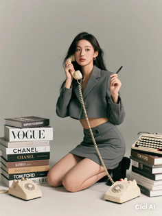 Woman in a gray cropped blazer and mini skirt kneeling with a vintage telephone