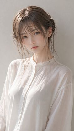 Woman with braided brown hair and bangs wearing a white collared shirt