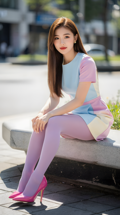 Woman with long hair wearing a pastel dress and pink tights sitting outdoors