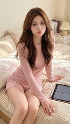 Woman in pink loungewear sitting on a bed with pouting lips