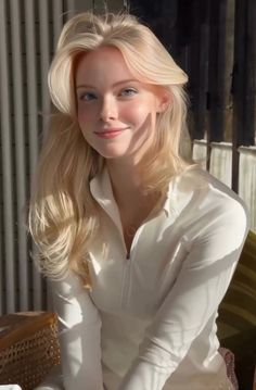 Blonde woman in a white shirt smiling in natural light