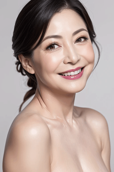 Woman with dark hair and pink lipstick smiling in a studio portrait