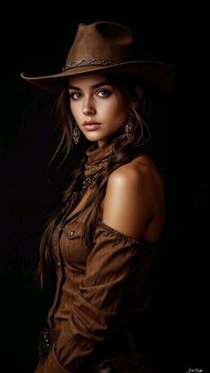 Woman in a cowboy hat and brown off-shoulder shirt with jewelry against a dark background