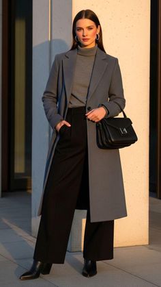 Woman in a gray coat and black pants holding a handbag during golden hour