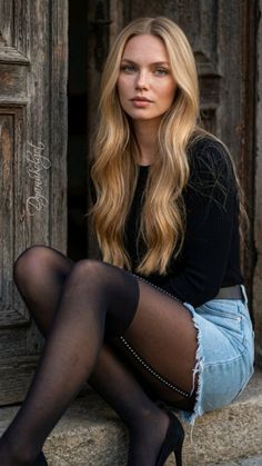 Woman with long blonde hair and freckles wearing a denim skirt and black stockings