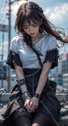 Anime style girl with long braided hair, wearing chains and shackles