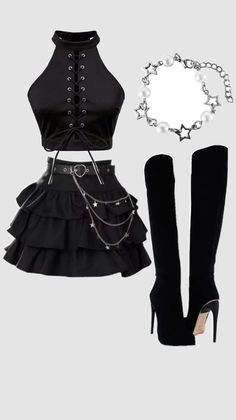 Black gothic style outfit with a crop top, ruffle skirt, and thigh-high boots