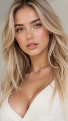 Woman with blonde hair and cleavage in a white top with soft lighting