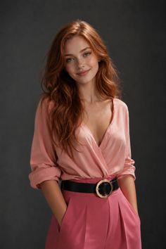 Woman with red hair and freckles wearing a pink blouse and pants