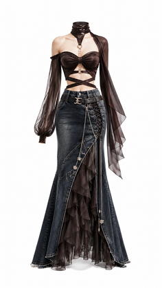Gothic-style outfit with a denim skirt and sheer-sleeved top on a mannequin