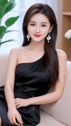 Woman with long hair wearing a black one-shoulder dress and earrings indoors