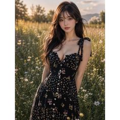 Woman in a black floral dress standing in a sunlit field