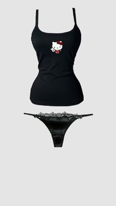 Black camisole with Hello Kitty design and matching lace-trim thong