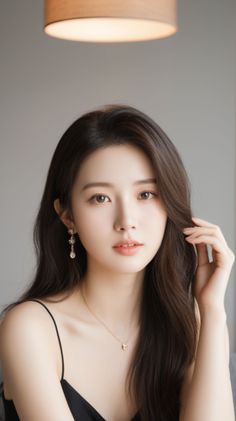 Woman with long dark hair wearing a spaghetti strap top and jewelry