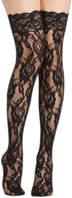 Pair of legs wearing black lace thigh-high stockings with a floral pattern