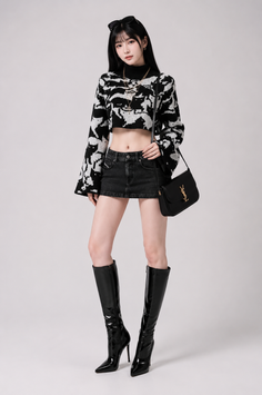Woman in a black and white crop top, mini skirt, and knee-high boots