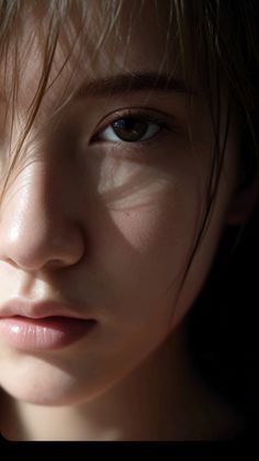Close up of a person's face with wet hair and natural light