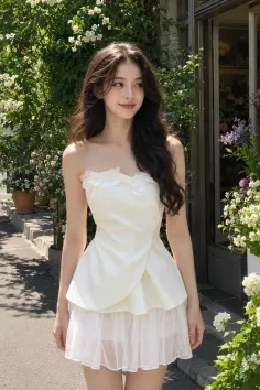 Woman in a white strapless dress standing outdoors with a floral background