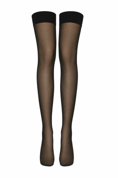 Pair of black sheer thigh-high stockings on a white background