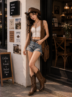 Woman in a cowboy hat, fringe vest, and denim shorts posing outdoors