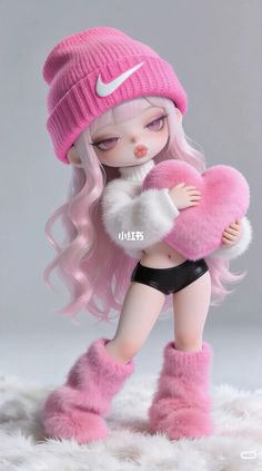 3D render of a doll-like character with pink hair, beanie, and furry boots
