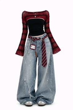 Full body shot of a red mesh top, black tube top, baggy jeans, and platform shoes