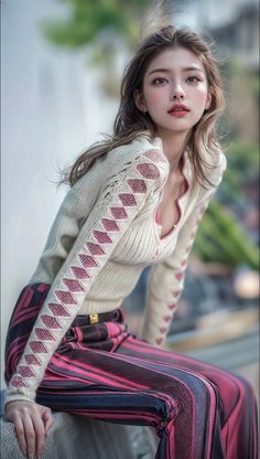 Woman with long hair wearing a sweater and striped pants outdoors