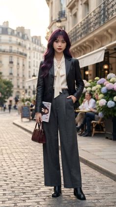 Woman with long purple hair in a leather jacket and wide leg pants on a city street
