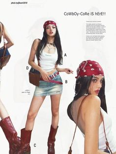 Woman in a red bandana, white tank top, denim skirt, and cowboy boots