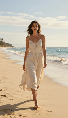 Woman in a white dress walking barefoot on a sandy beach