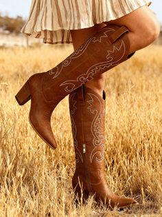 Person wearing brown cowboy boots and a striped skirt in dry grass