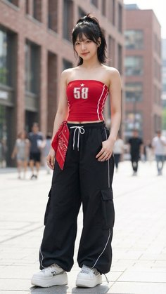 Woman in a red tube top and black cargo pants standing on a city street