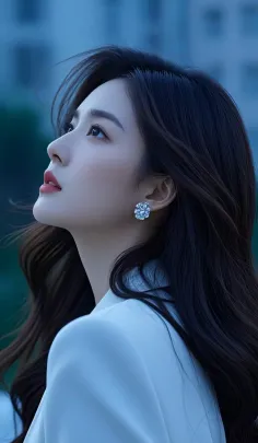 Woman with long dark hair and a white blazer looking up against a blue background
