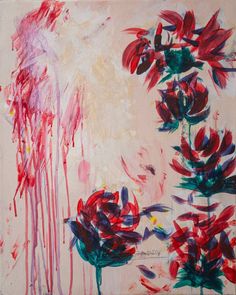 Abstract painting with red flowers and green stems on a light background