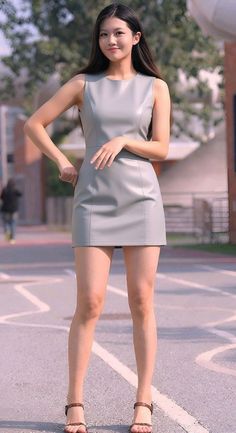 Woman in a light grey sleeveless dress standing outdoors